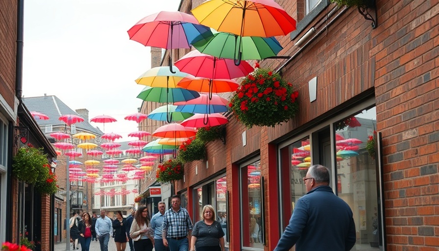 Charming alleyway in Belfast with colorful umbrellas.