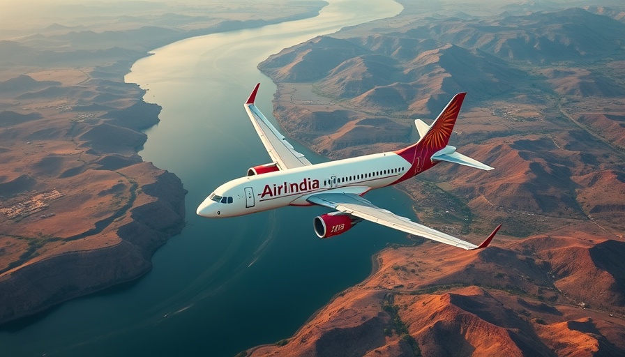 Air India plane above a river, highlighting 'Air India halts Delhi to Washington flights'.