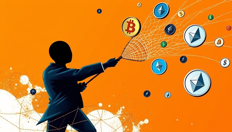 Abstract illustration of cryptocurrency FOMO with flying coins and a person trying to catch them.