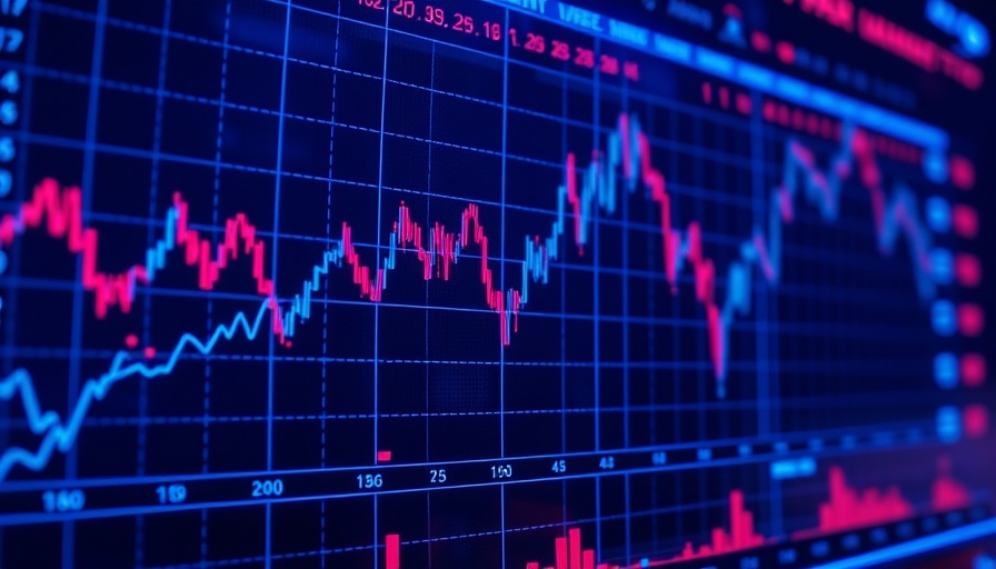 Financial chart showing stock trends with drops and rises, blue and red neon design.