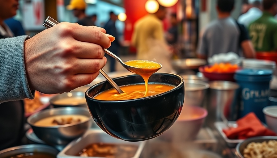 Serving soups of the world from a ladle into a black bowl.