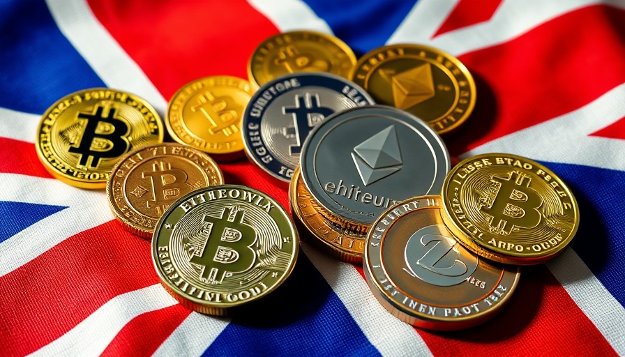 Cryptocurrencies on UK flag, Binance Earn Products UK concept.
