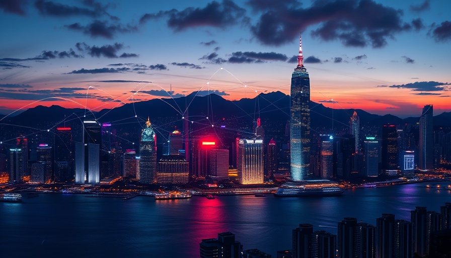 Hong Kong credit card receivables decline depicted by cityscape at dusk with digital lines.