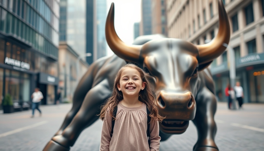 Girl smiling next to Durham NC bull statue in city square.