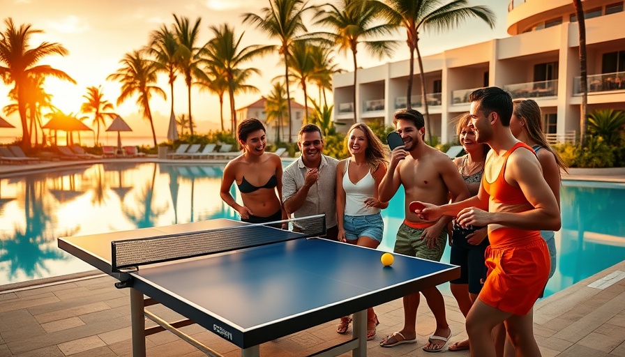 Adults enjoying games by the pool at a tropical resort, sunset.