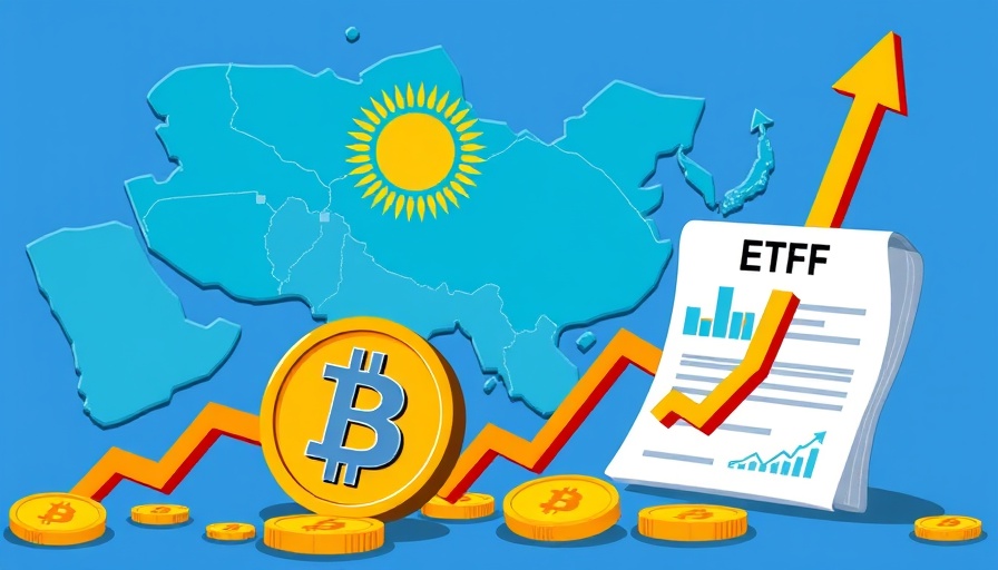 Illustration of Kazakhstan BTC ETF growth with Bitcoin and map.