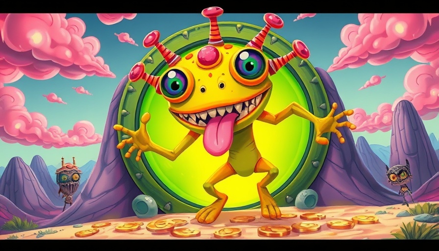 Layer Brett Crypto alien bursts from portal in fantasy landscape.