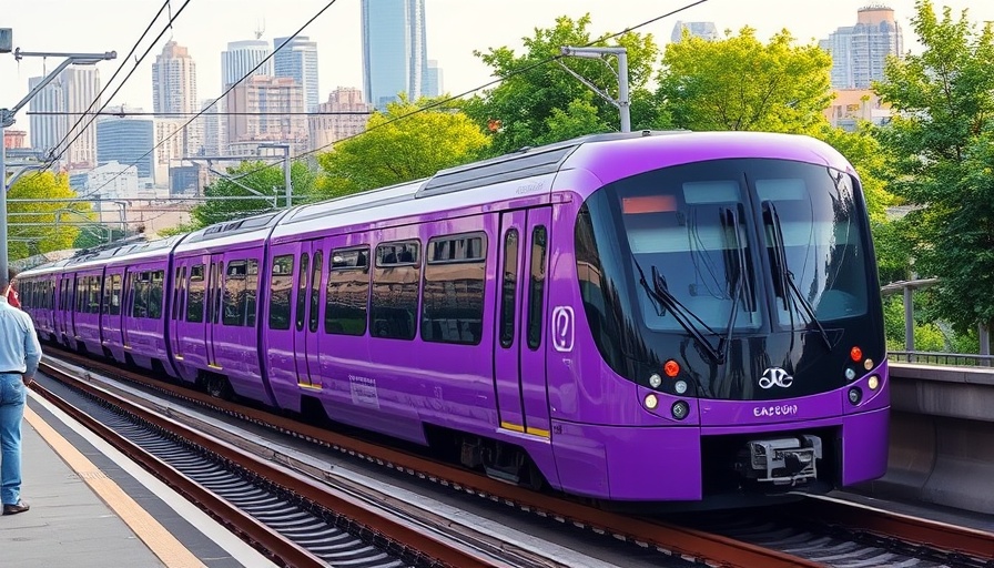 Purple metro trains on elevated tracks with greenery for Kolkata Airport Metro Services.