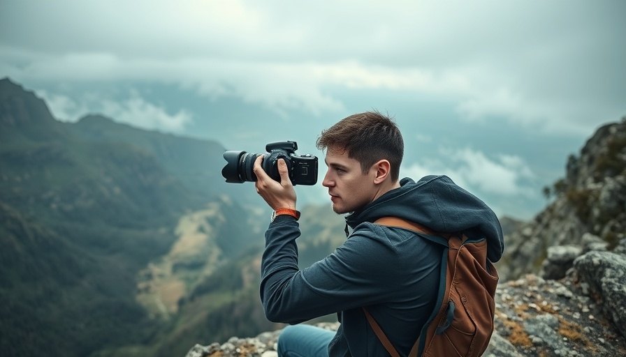 Photographer capturing scenic landscape on a rocky cliff.