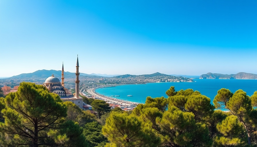 Panoramic coastal city with mosque, perfect for MENA travelers.