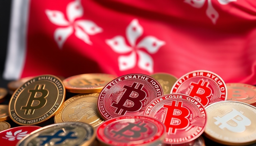 Cryptocurrency coins with Hong Kong flag backdrop symbolizing finance.