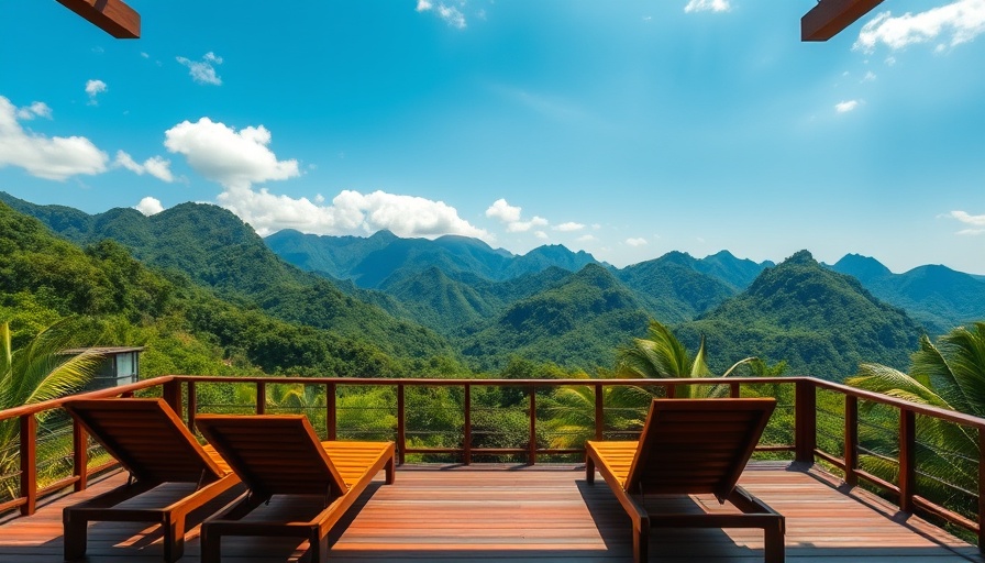 Serene terrace view of Minca hostel with loungers.
