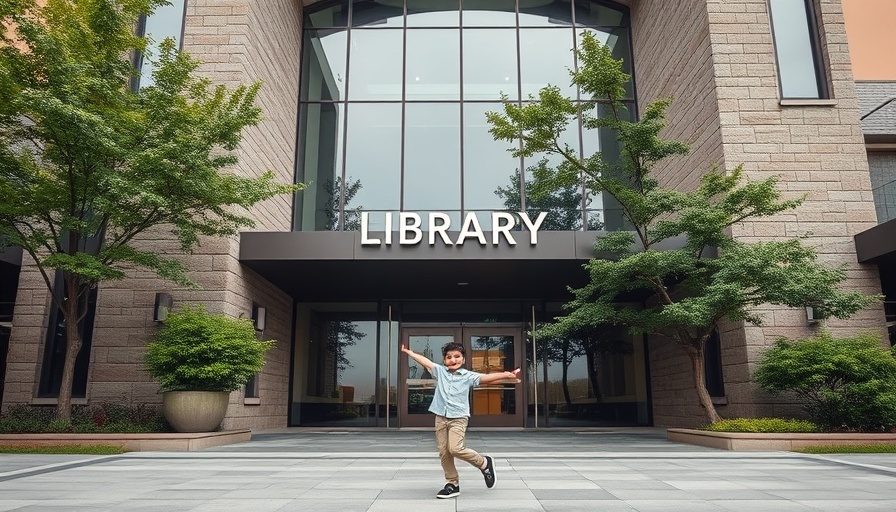 Modern library entrance with playful child in Cedar Park