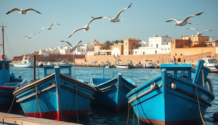 Essaouira harbor with blue boats and seagulls, things to do in Essaouira.