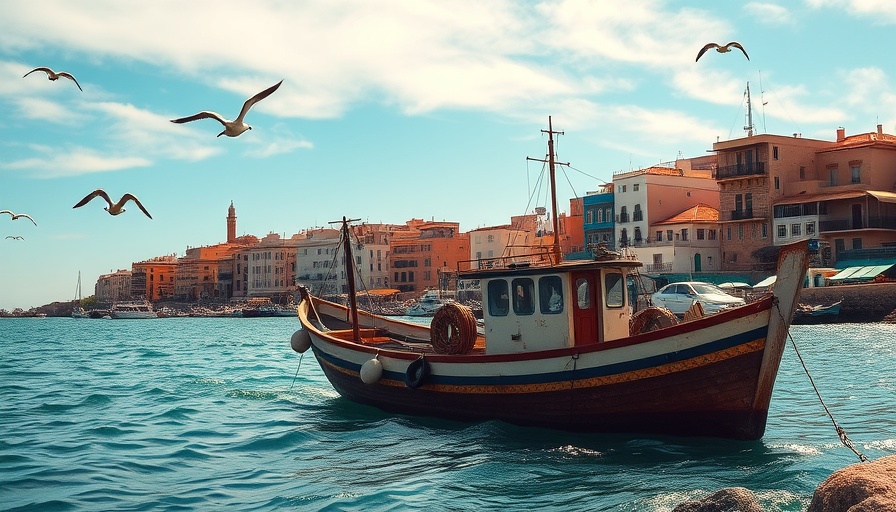 Scenic view of Essaouira with fishing boat and seagulls in vibrant blue sky.