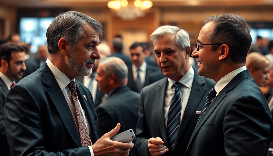 Businessmen discussing RV dealership risks and investment at event.