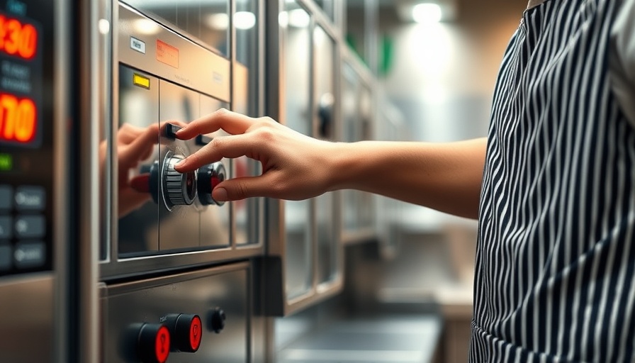 Person demonstrating safety on industrial kitchen control panel.
