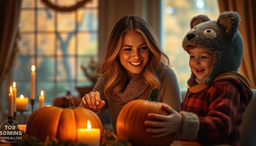 Warm Halloween scene with pumpkin and child in wolf hat.