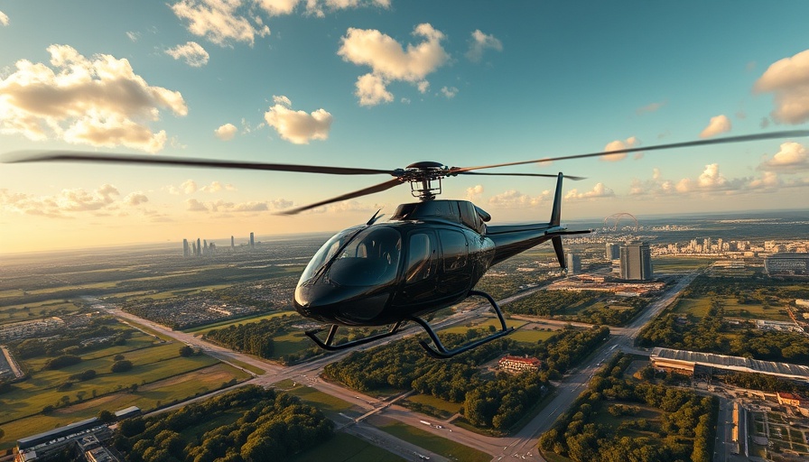 Helicopter flying over a city and green landscape, highlighting heli-tourism in Telangana.