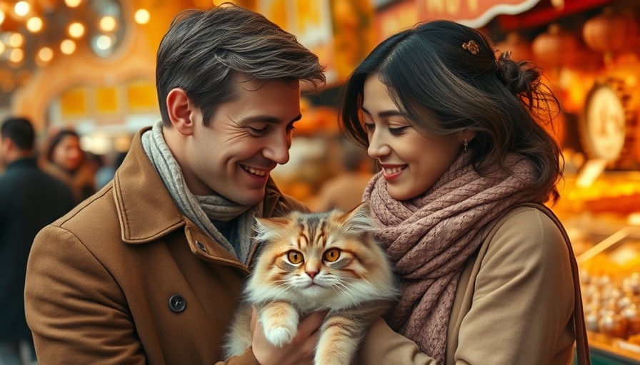 Charming market scene with couple and fluffy cat, exploring cat-themed travel spots in Asia.