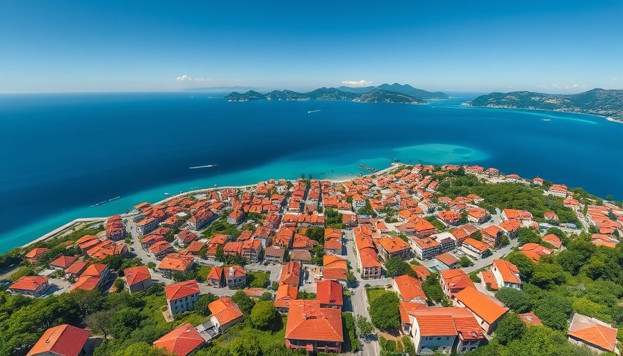 Aerial view of Split, Croatia cityscape with sea and mountains.