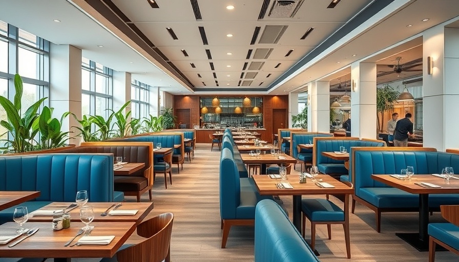 Modern restaurant interior with blue seating and wooden chairs, highlighting dining credit ambiance.