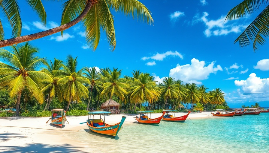 Tropical beach with palm trees and boats in Boracay, Philippines.