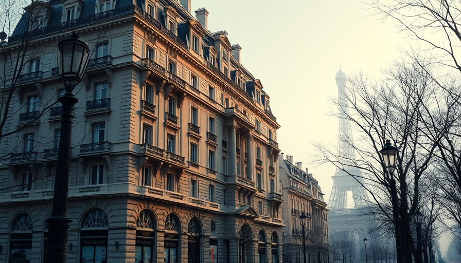 Paris historical architecture with Eiffel Tower in sunrise mist.