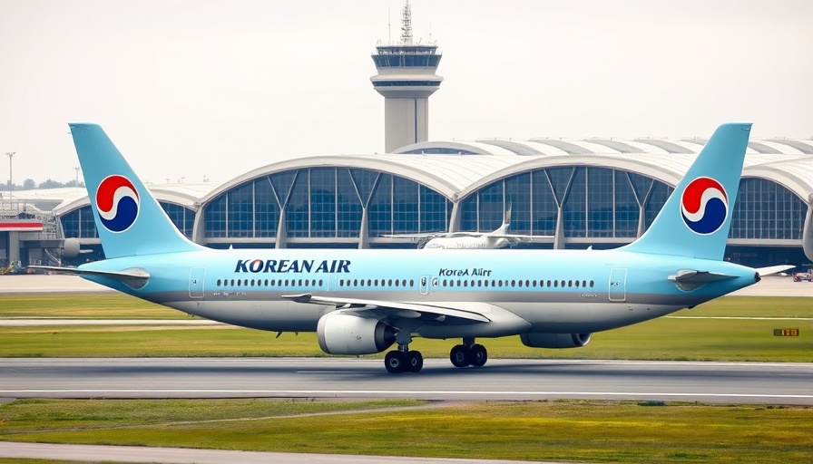 Korean Air plane on runway near airport terminal, Korea Air $50 billion aviation deal.