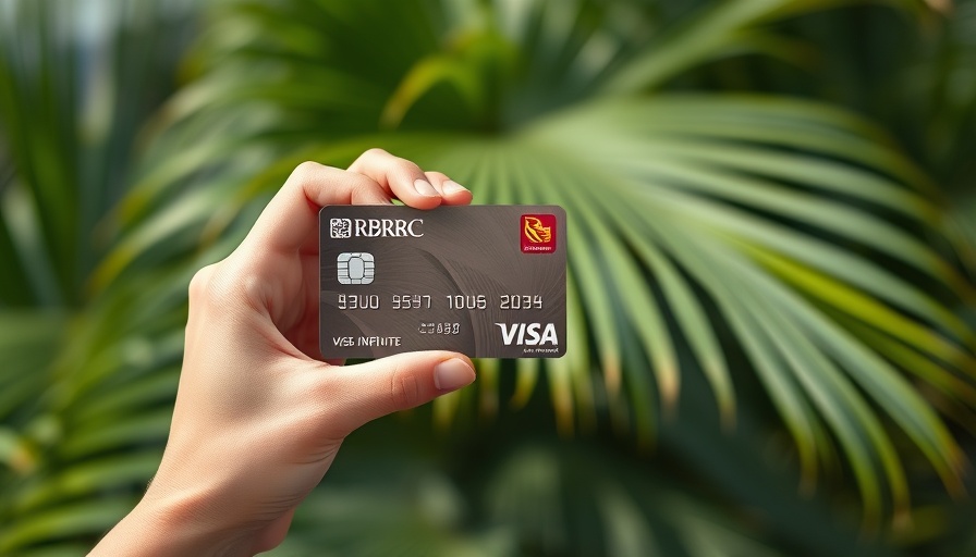 RBC Avion Visa Infinite card held in a tropical setting, lush green.