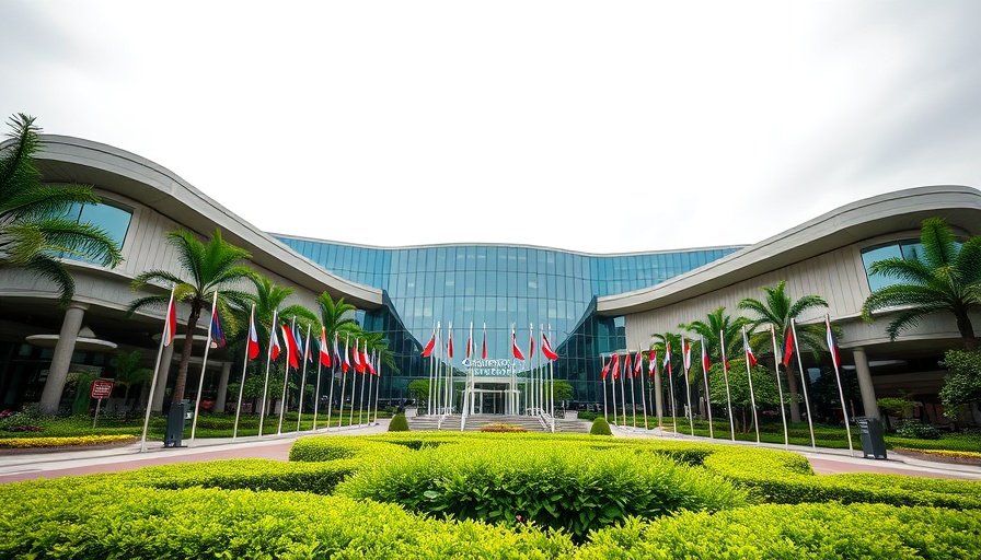 Modern convention center with flags, location for PATA Travel Mart 2026 Sarawak.