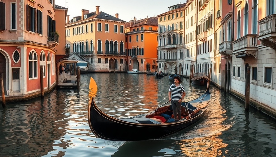 Venice canal with gondola and historic buildings in warm sunlight.