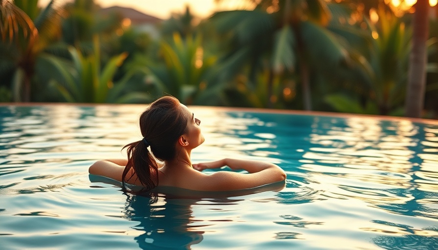 Ayurveda retreats: Woman relaxing in a tropical infinity pool at sunset.