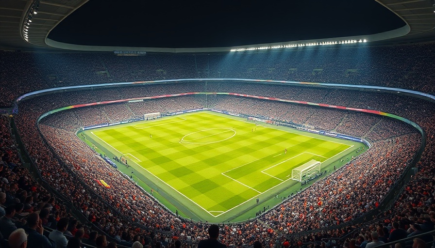 Massive soccer stadium filled with fans during an evening match, illuminated field.