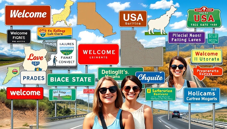 Vibrant collage of USA state welcome signs for road trips