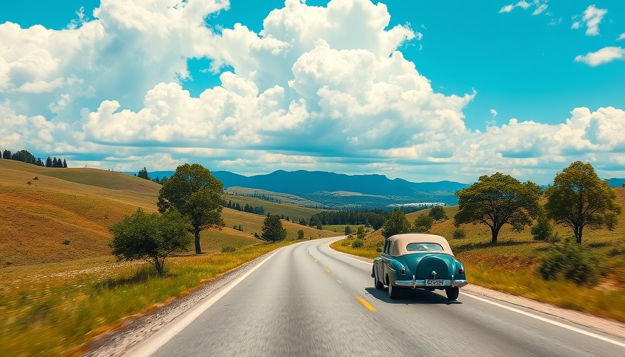 California road trip through scenic landscapes, vintage car travels.