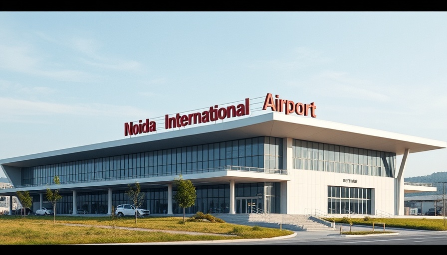 Noida International Airport preparation building with signage.