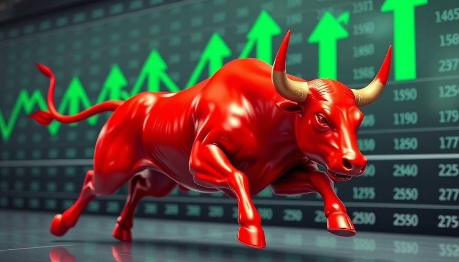 Dynamic red bull with green financial chart representing growth.