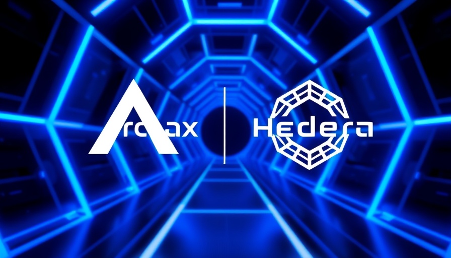 Futuristic digital design with Archax and Hedera logos, blue geometric tunnel.