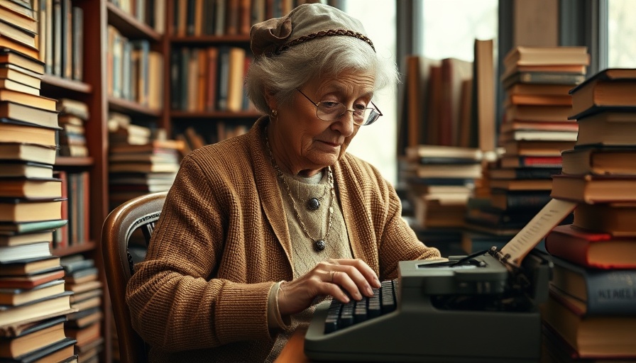 Elderly woman typing in cozy library, symbolizing Agatha Christie Mystery Legacy.