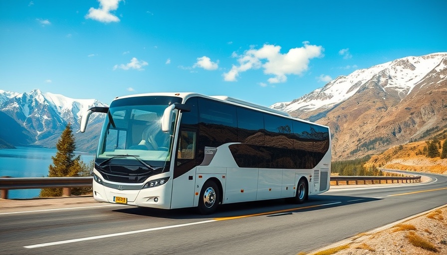 Tour bus on mountain road amid scenic beauty, highlighting tourist travel.