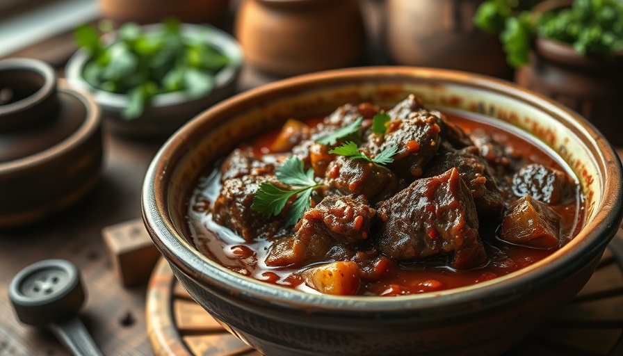 Hungarian beef stew garnished with parsley and pepper.