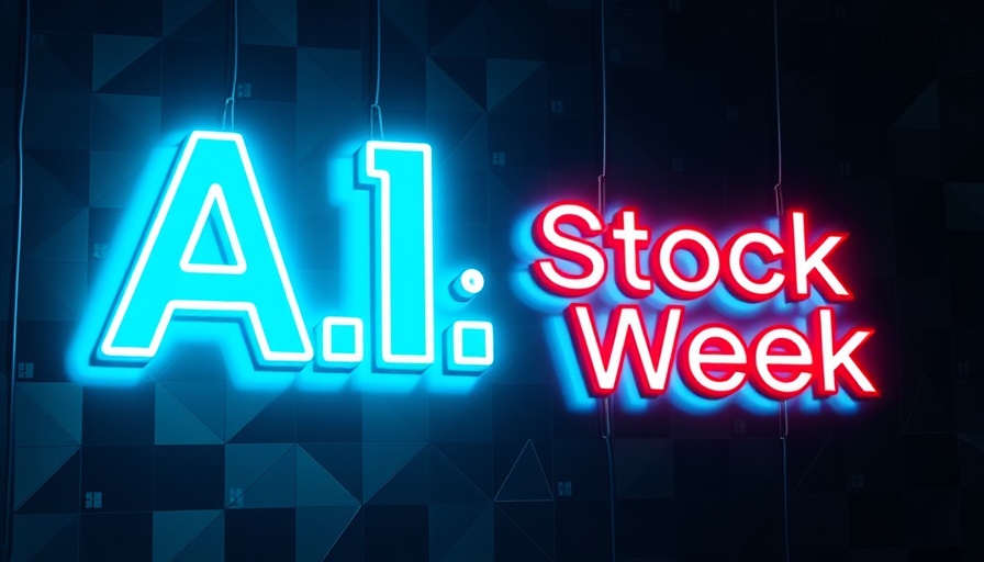 Futuristic neon sign for A.I. Stock of the Week, digital geometric background
