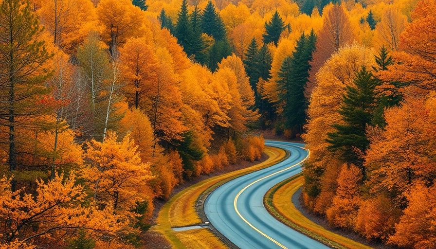 Vibrant autumn forest with winding road showcasing fall colors.