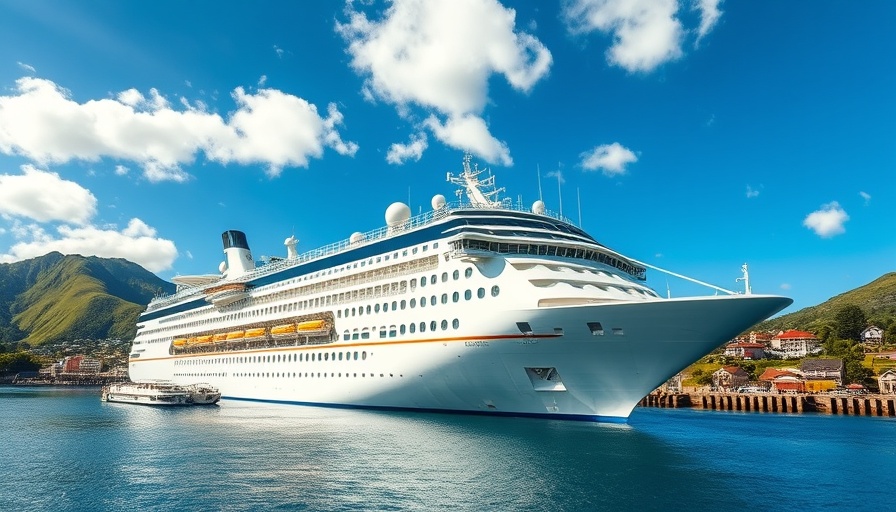 Cruise ship docked in New Zealand, lush hills, clear sky.