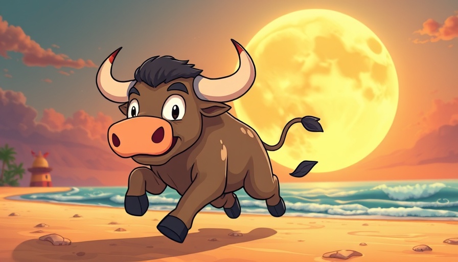 Cartoon bull running by the beach with MoonBull Presale Token text.