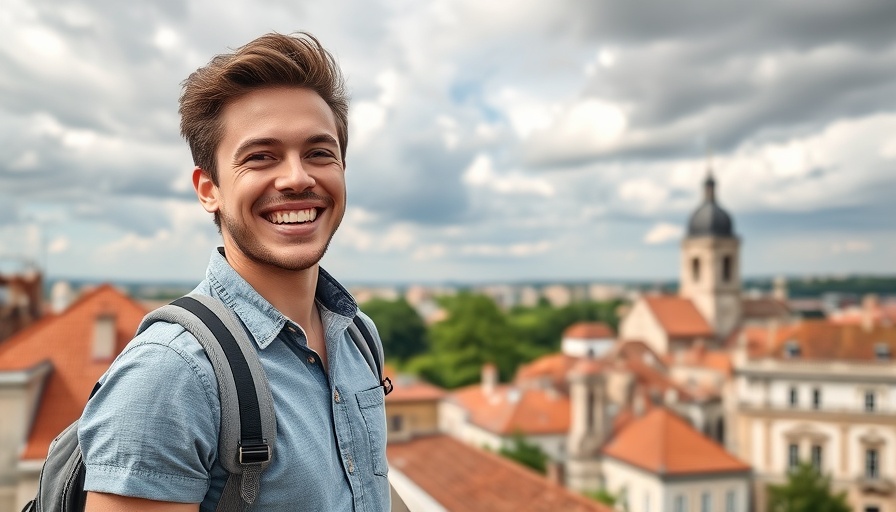 Smiling young traveler enjoying European city view, Cheapest Way To Travel Europe.