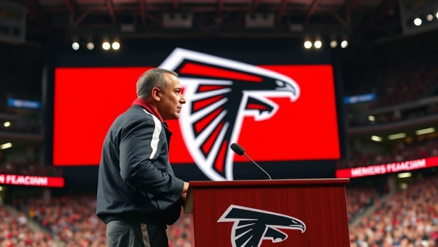 Confident man in Falcons attire discussing Falcons defense success at Mercedes-Benz Stadium