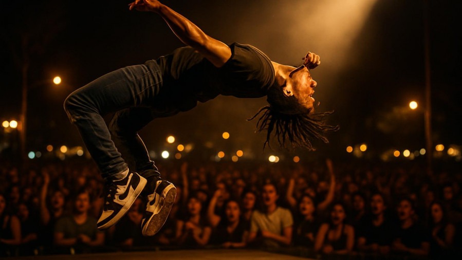 Dynamic performer mid-backflip at Spelman College Homecoming 2025 step show.