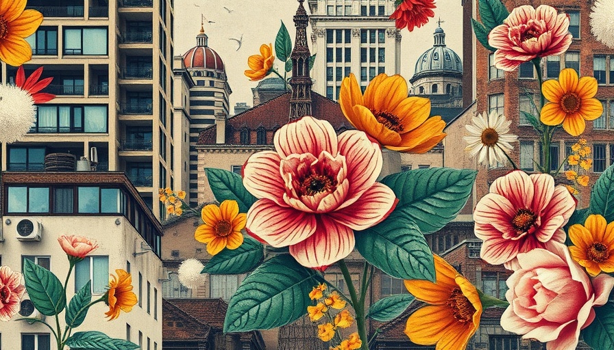 Vibrant collage art from Spruill Gallery exhibition with floral and urban themes.
